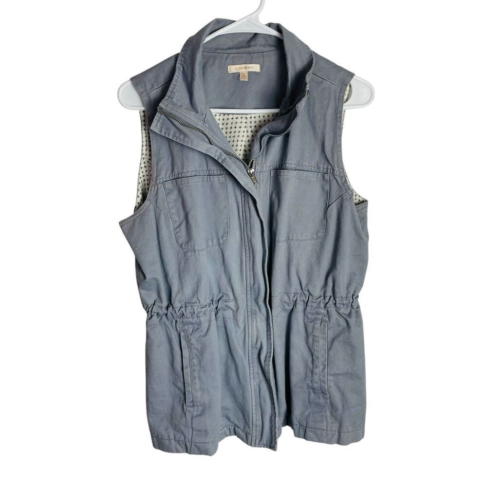Skies Are Blue Womens Chino Vest Jacket Sz M Gray 100% Cotton Pockets Full Zip
